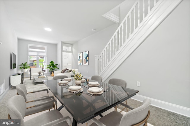 813 N Linwood, Baltimore, MD 21205 - dining area featuring baseboards, carpet floors, stairway, and recessed lighting