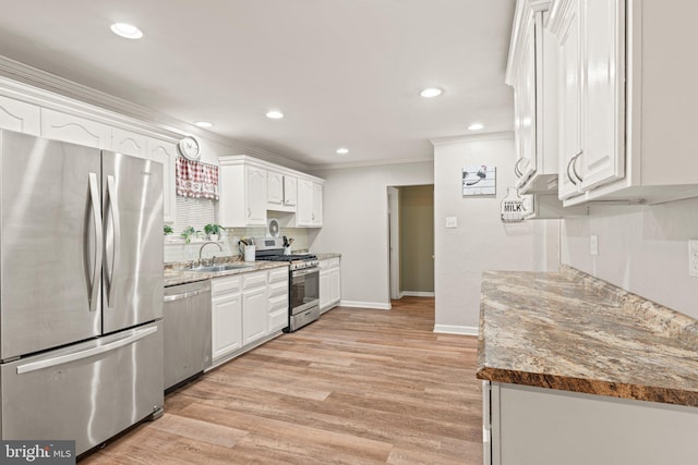 34 Swarthmore Ave, Stratford, NJ 08084 - kitchen featuring stainless steel appliances, crown molding, white cabinetry, decorative backsplash, and recessed lighting