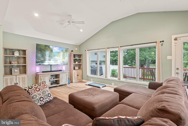 34 Swarthmore Ave, Stratford, NJ 08084 - living room with a ceiling fan, vaulted ceiling, wood finished floors, and recessed lighting