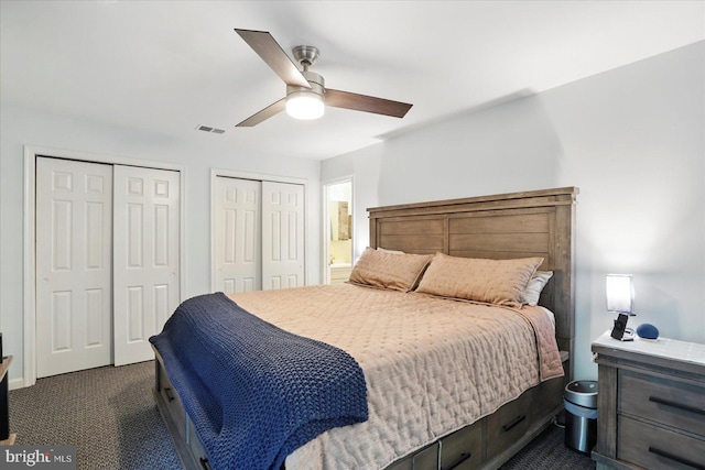 7100 Cipriano Springs Dr, Lanham, MD 20706 - bedroom featuring multiple closets, dark colored carpet, and ceiling fan