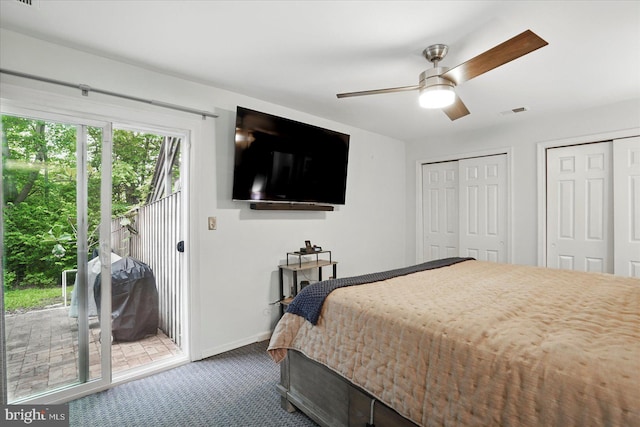 7100 Cipriano Springs Dr, Lanham, MD 20706 - bedroom with access to exterior, carpet flooring, multiple closets, baseboards, and ceiling fan