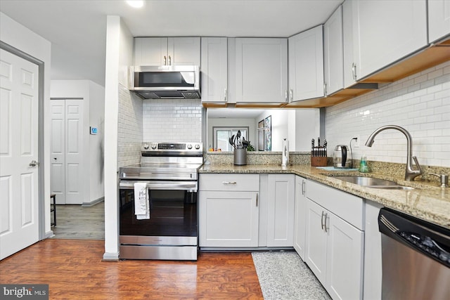 7100 Cipriano Springs Dr, Lanham, MD 20706 - kitchen featuring appliances with stainless steel finishes, decorative backsplash, a sink, and dark wood-style flooring