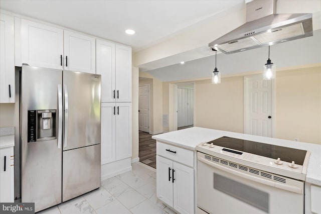 12820 Maple St, Silver Spring, MD 20904 - kitchen featuring stainless steel fridge with ice dispenser, electric range, wall chimney range hood, light marble finish flooring, and light countertops
