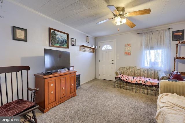 125 S 3rd St, Lebanon, PA 17042 - living room with ornamental molding, carpet flooring, and ceiling fan