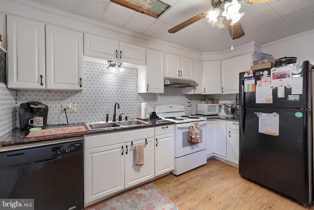 125 S 3rd St, Lebanon, PA 17042 - kitchen featuring white appliances, under cabinet range hood, ceiling fan, white cabinetry, and dark countertops