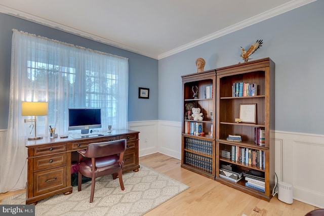 30957 Fowlers Path, Millsboro, DE 19966 - office area featuring light wood-style flooring, a wainscoted wall, crown molding, and a decorative wall