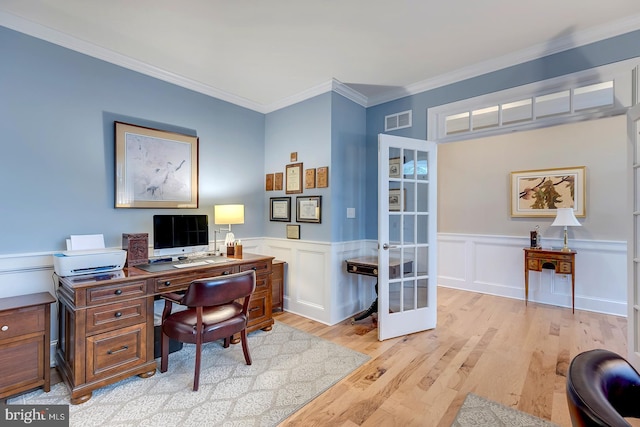 30957 Fowlers Path, Millsboro, DE 19966 - office space with french doors, light wood-type flooring, crown molding, and a wainscoted wall