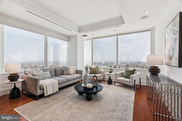 50 S 16th St Unit 4507, Philadelphia, PA 19102 - living room featuring wood finished floors, a raised ceiling, crown molding, and recessed lighting