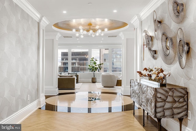 50 S 16th St Unit 4507, Philadelphia, PA 19102 - dining space featuring crown molding, recessed lighting, a chandelier, decorative columns, and a tray ceiling