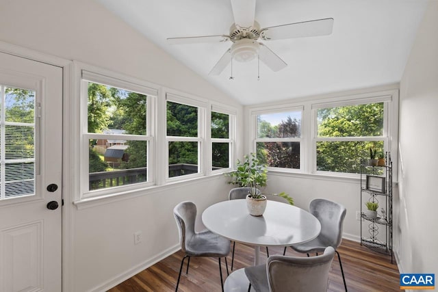 1007 Saint Charles Ave, Charlottesville, VA 22901 - dining space featuring vaulted ceiling, wood finished floors, baseboards, and a ceiling fan