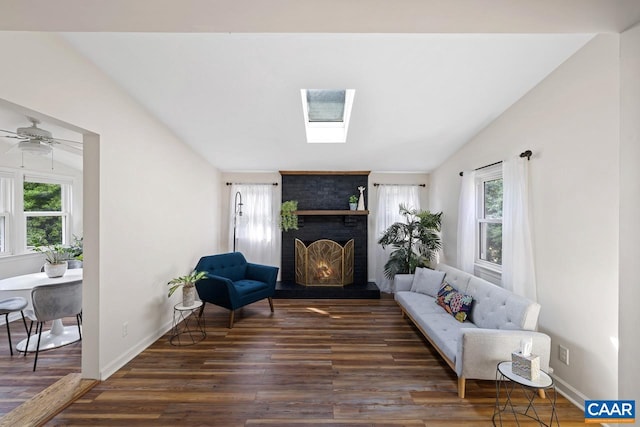 1007 Saint Charles Ave, Charlottesville, VA 22901 - living area featuring lofted ceiling, healthy amount of natural light, wood finished floors, a fireplace, and a skylight