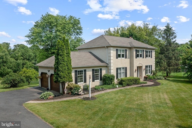 108 Partridge Way, Landenberg, PA 19350 - colonial-style house featuring a garage, asphalt driveway, stucco siding, a front lawn, and a shingled roof
