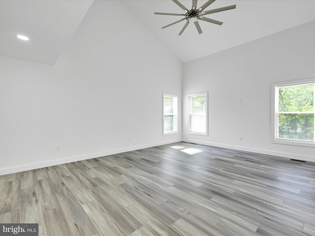 1026 Indian Dr, Auburn, PA 17922 - empty room featuring high vaulted ceiling, ceiling fan, wood finished floors, baseboards, and recessed lighting