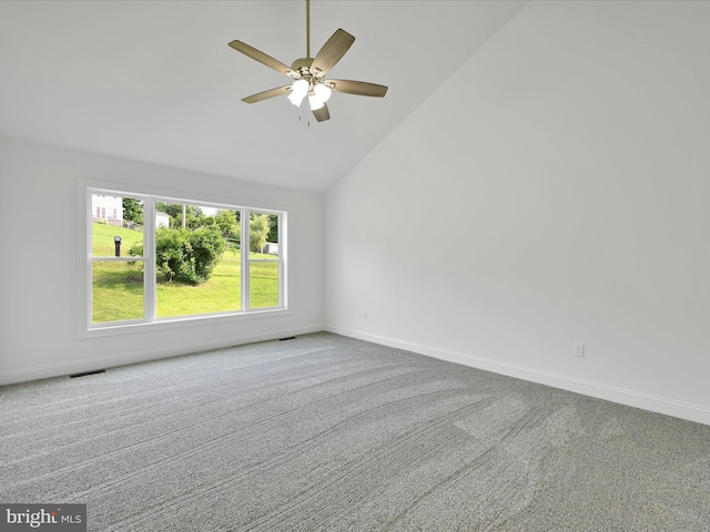 1026 Indian Dr, Auburn, PA 17922 - spare room featuring carpet, ceiling fan, baseboards, and high vaulted ceiling