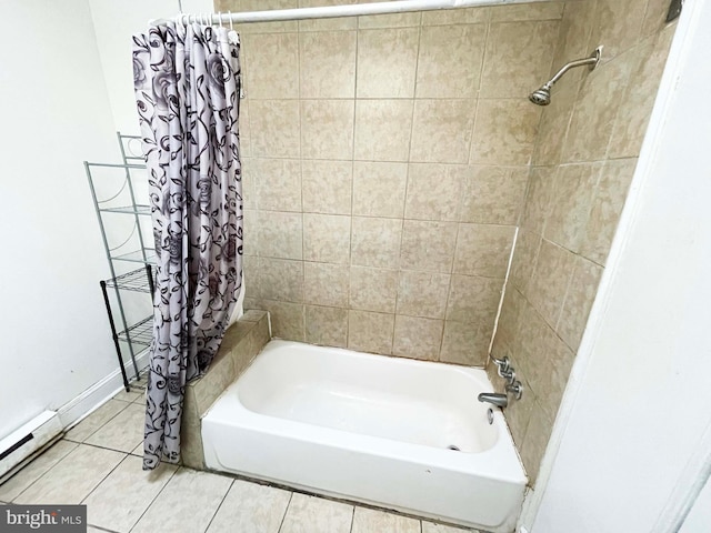 6065 Chester Ave, Philadelphia, PA 19142 - bathroom with baseboard heating, shower / bathtub combination with curtain, tile patterned floors, and baseboards