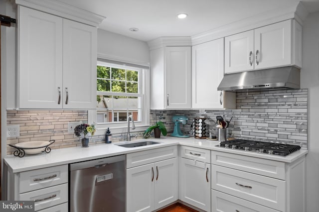 8017 Lake Pleasant Dr, Springfield, VA 22153 - kitchen featuring appliances with stainless steel finishes, a sink, under cabinet range hood, white cabinets, and light countertops