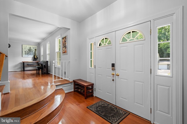 8017 Lake Pleasant Dr, Springfield, VA 22153 - foyer featuring plenty of natural light, wood-type flooring, baseboards, and ornamental molding