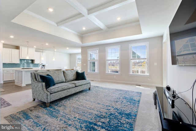 24360 Caldwell Cir, Lewes, DE 19958 - living area with healthy amount of natural light, crown molding, beam ceiling, coffered ceiling, and recessed lighting