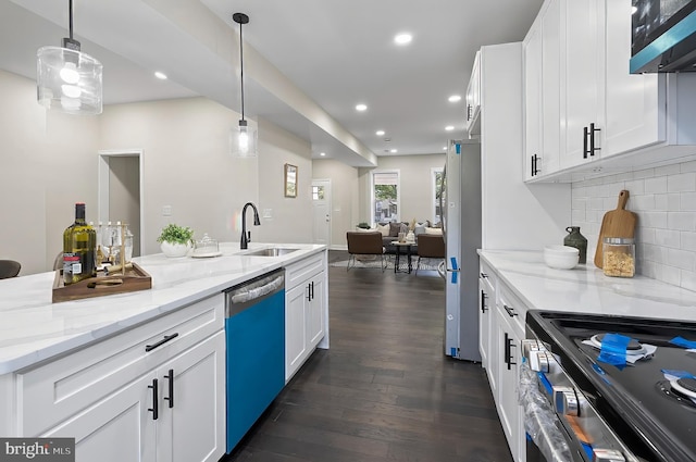 3121 Gwynns Falls Pkwy, Baltimore, MD 21216 - kitchen with a sink, dishwashing machine, stainless steel stove, dark wood-style flooring, and white cabinets