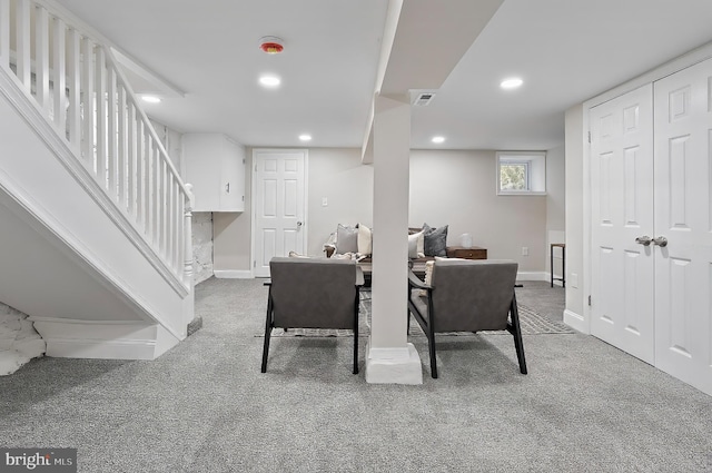 3121 Gwynns Falls Pkwy, Baltimore, MD 21216 - dining space featuring carpet flooring, baseboards, recessed lighting, and stairway