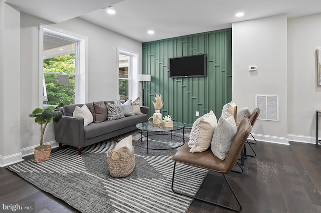 3121 Gwynns Falls Pkwy, Baltimore, MD 21216 - living room with baseboards, dark wood-style floors, and recessed lighting