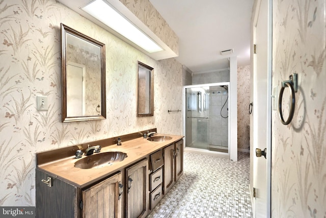 3314 Skyview Dr, Glenville, PA 17329 - bathroom featuring wallpapered walls, a shower stall, and double vanity