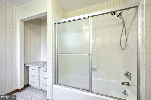 3314 Skyview Dr, Glenville, PA 17329 - bathroom featuring shower / bath combination with glass door, wallpapered walls, vanity, and tile patterned floors