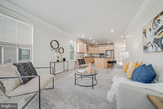 9563 Jefferson St, Manassas, VA 20110 - living room with crown molding, light wood finished floors, recessed lighting, and baseboards