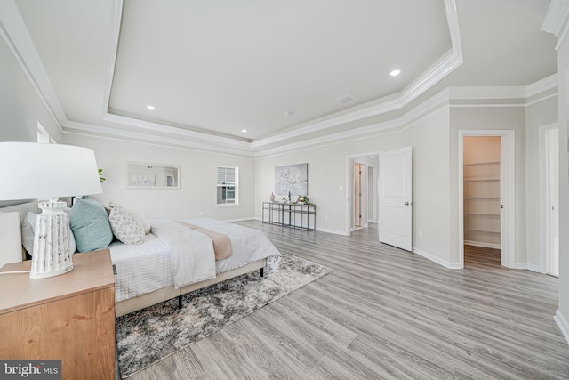 9563 Jefferson St, Manassas, VA 20110 - bedroom with a raised ceiling, baseboards, light wood-type flooring, ornamental molding, and recessed lighting