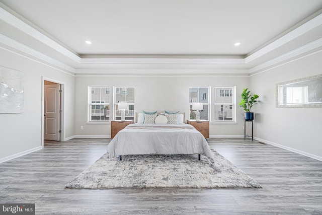 9563 Jefferson St, Manassas, VA 20110 - bedroom featuring a tray ceiling, wood finished floors, crown molding, baseboards, and recessed lighting