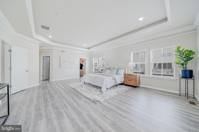 9563 Jefferson St, Manassas, VA 20110 - bedroom with a raised ceiling, crown molding, baseboards, light wood-style flooring, and recessed lighting