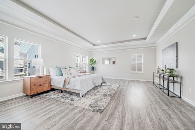 9563 Jefferson St, Manassas, VA 20110 - bedroom with a tray ceiling, light wood-type flooring, ornamental molding, baseboards, and recessed lighting