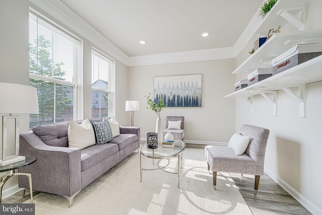9563 Jefferson St, Manassas, VA 20110 - living room with ornamental molding, light wood finished floors, baseboards, and recessed lighting