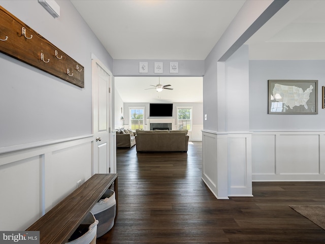 215 Naples Way, Charles Town, WV 25414 - hallway featuring wainscoting, a decorative wall, and dark wood-type flooring