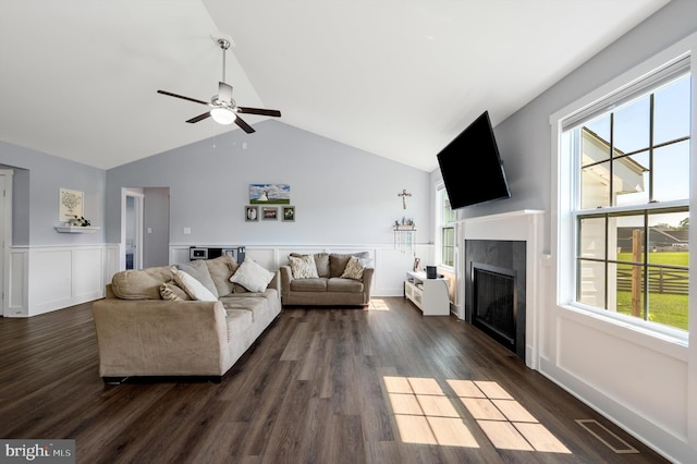 215 Naples Way, Charles Town, WV 25414 - living area featuring a glass covered fireplace, lofted ceiling, a wainscoted wall, ceiling fan, and dark wood-style floors