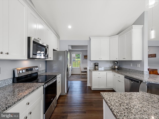 215 Naples Way, Charles Town, WV 25414 - kitchen with appliances with stainless steel finishes, dark wood-style flooring, white cabinetry, recessed lighting, and light stone countertops