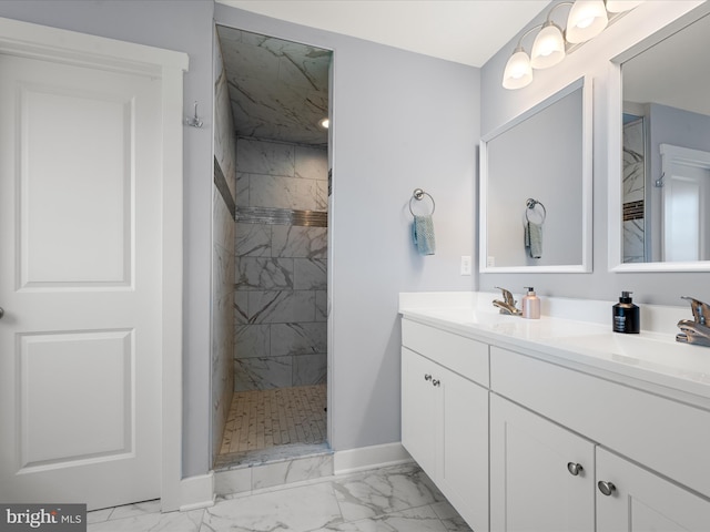 215 Naples Way, Charles Town, WV 25414 - bathroom featuring marble look tile flooring, a marble finish shower, and double vanity
