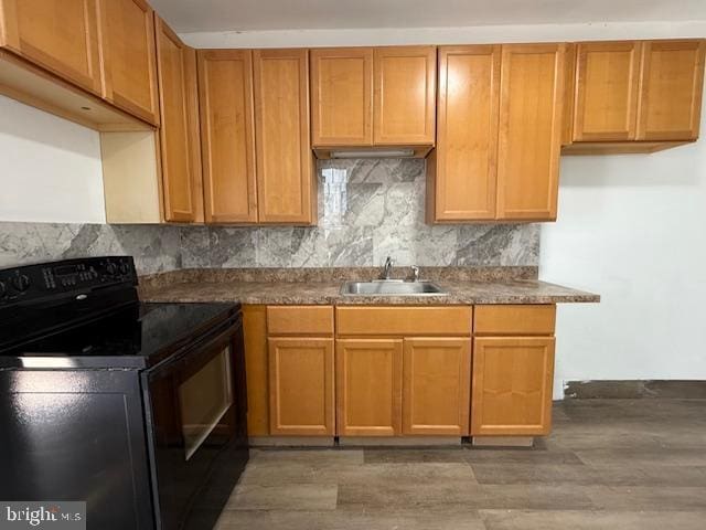 1343 Muhlenberg St, Reading, PA 19602 - kitchen featuring black range with electric stovetop, a sink, light wood-type flooring, and tasteful backsplash
