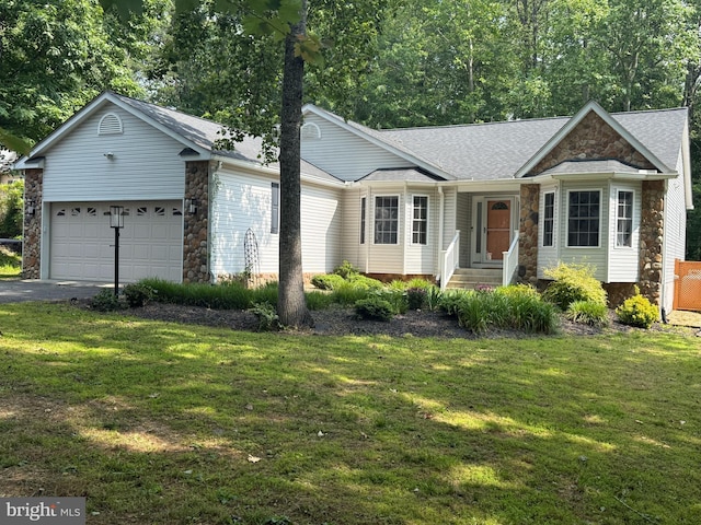 910 Confederate Dr, Locust Grove, VA 22508 - ranch-style home featuring stone siding, a garage, asphalt driveway, and a front yard