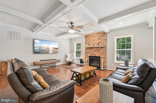 2425 Ellies Way W, Friendship, MD 21794 - living room with a fireplace, beam ceiling, coffered ceiling, wood finished floors, and a ceiling fan