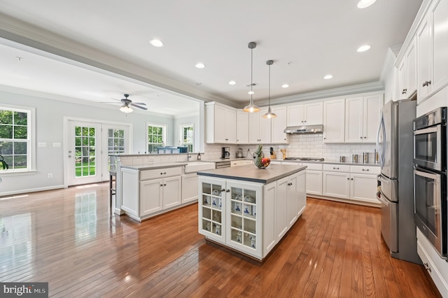 2425 Ellies Way W, Friendship, MD 21794 - kitchen with appliances with stainless steel finishes, under cabinet range hood, white cabinets, crown molding, and recessed lighting