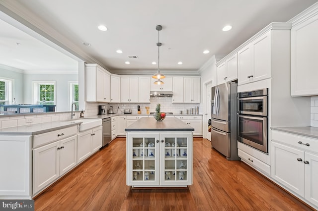 2425 Ellies Way W, Friendship, MD 21794 - kitchen featuring stainless steel appliances, a sink, crown molding, under cabinet range hood, and white cabinets