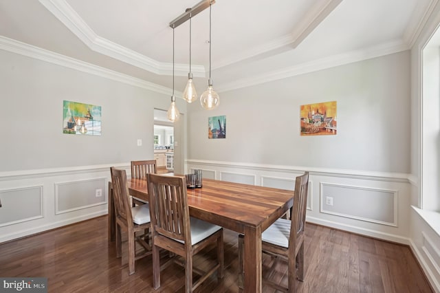 2425 Ellies Way W, Friendship, MD 21794 - dining room with a raised ceiling, dark wood-type flooring, wainscoting, ornamental molding, and a decorative wall