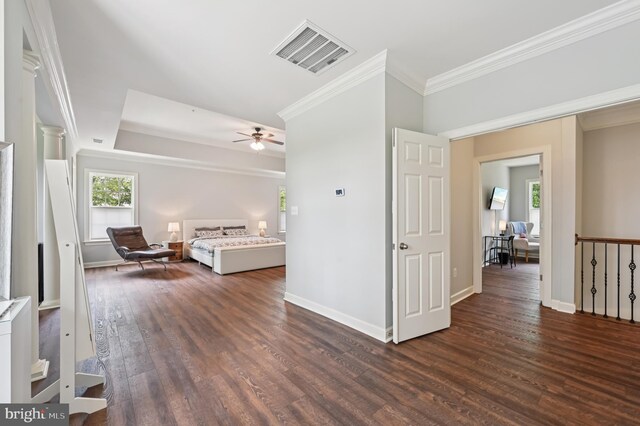 2425 Ellies Way W, Friendship, MD 21794 - living area with ornamental molding, dark wood-type flooring, a ceiling fan, and baseboards