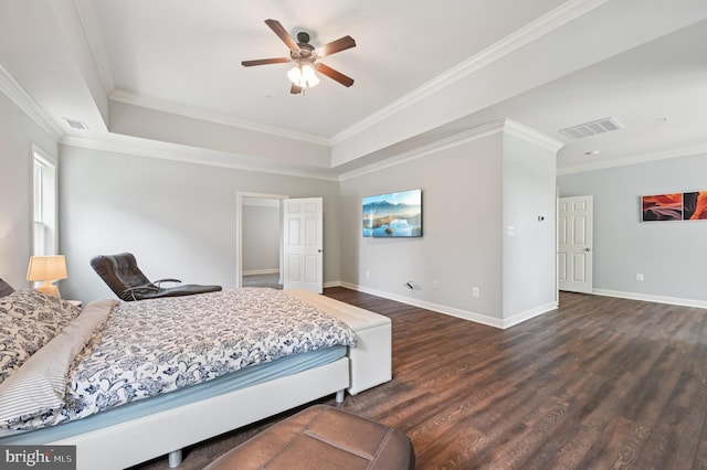 2425 Ellies Way W, Friendship, MD 21794 - bedroom with wood finished floors, ornamental molding, baseboards, a tray ceiling, and ceiling fan