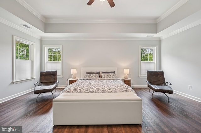 2425 Ellies Way W, Friendship, MD 21794 - bedroom featuring dark wood-style floors, crown molding, baseboards, a tray ceiling, and a ceiling fan