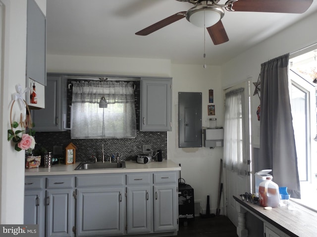 928 Linden, Pleasantville, NJ 08232 - kitchen featuring electric panel, gray cabinetry, a sink, ceiling fan, and light countertops