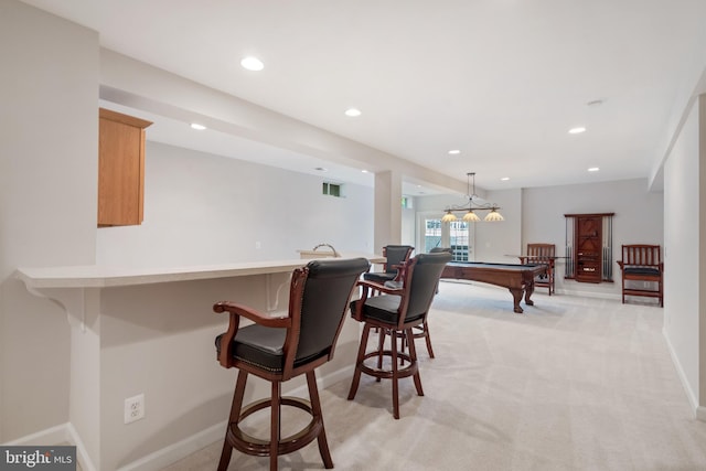 6513 Debhill Ln, Gainesville, VA 20155 - rec room with billiards, bar, light colored carpet, recessed lighting, and baseboards