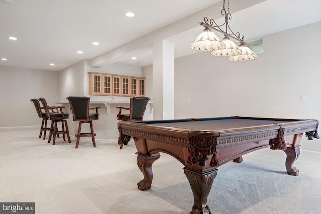 6513 Debhill Ln, Gainesville, VA 20155 - recreation room featuring light carpet, billiards, recessed lighting, baseboards, and bar area