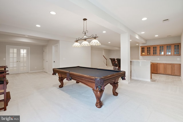 6513 Debhill Ln, Gainesville, VA 20155 - playroom with light carpet, recessed lighting, pool table, french doors, and baseboards